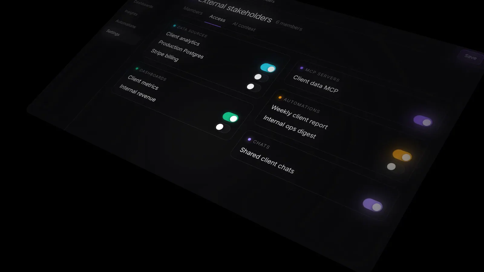The access editor for a group, with toggles for data sources, dashboards, MCP servers, automations, and chats