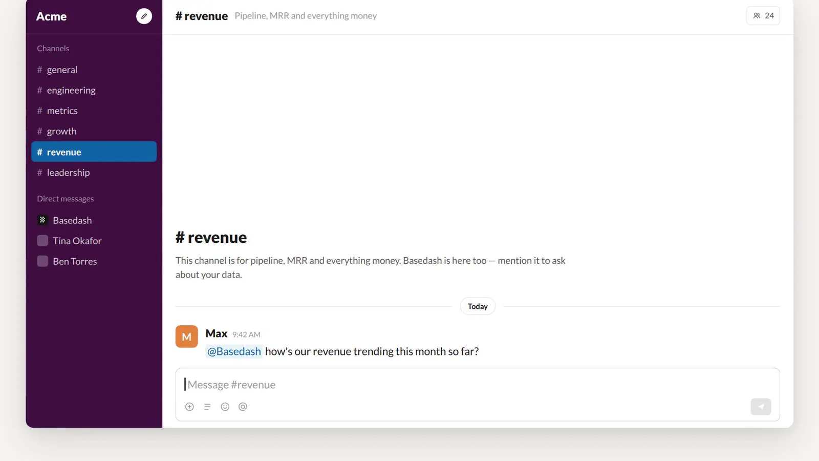 Asking @Basedash a revenue question in a Slack channel
