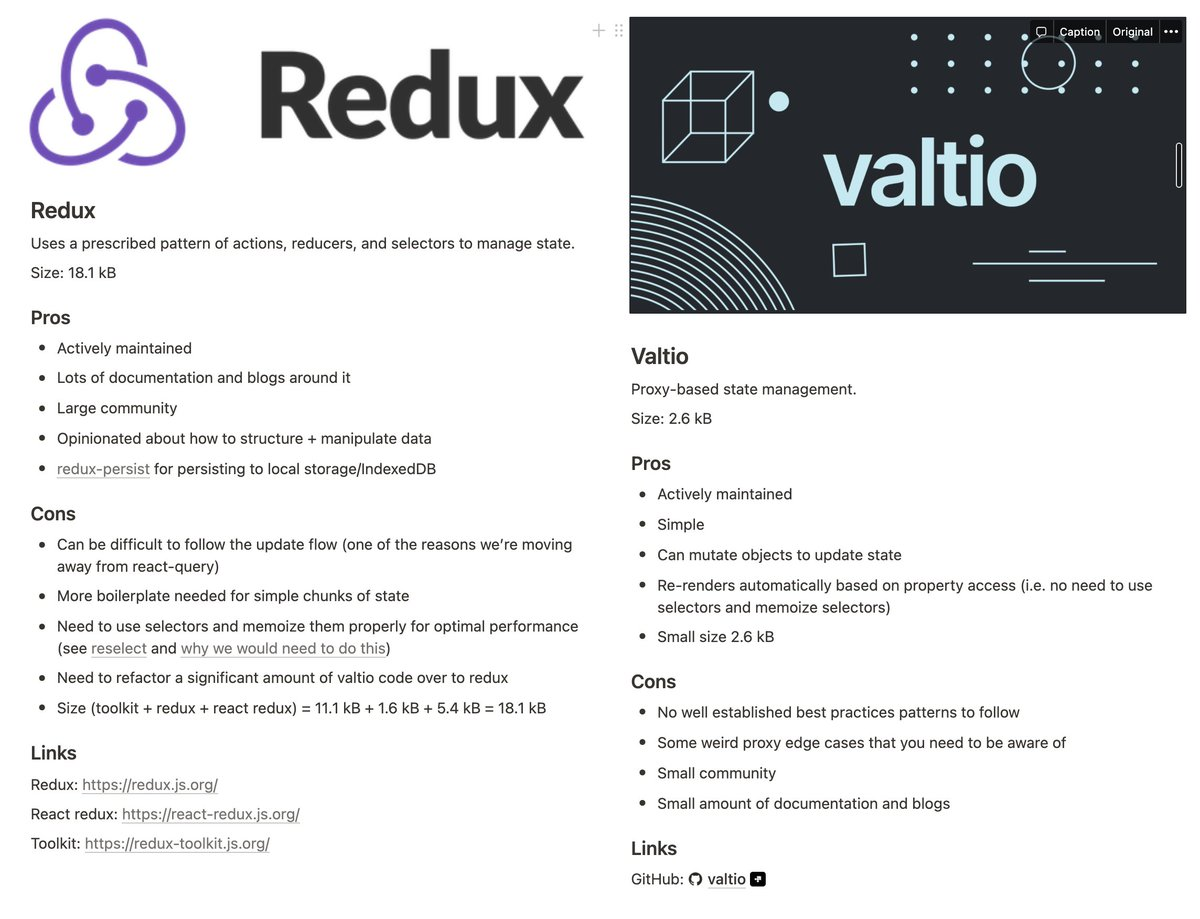 Pros and cons list we made when deciding what global store solution we would like to use.
